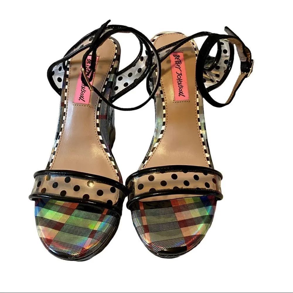 Betsey Johnson Glittery Black Polka Dot & Clear Acrylic Wedge Sandal in Sz 6.5
